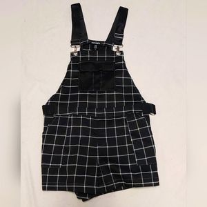 Black and white plaid short overalls